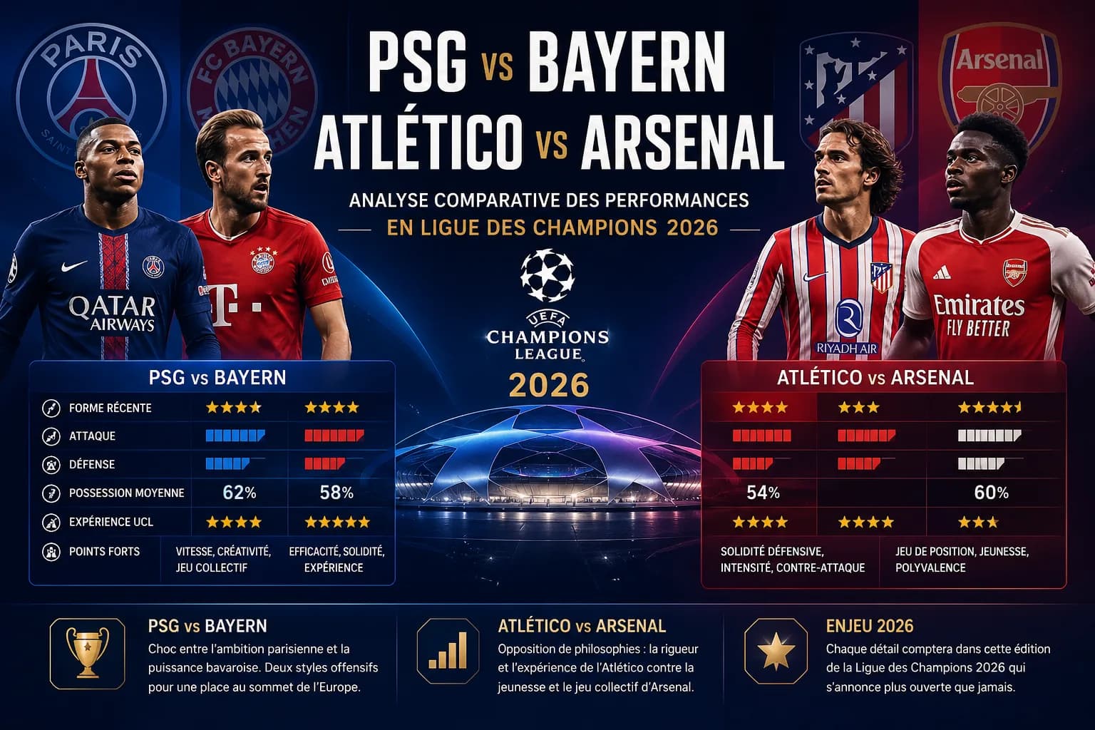 PSG vs Bayern et Atlético vs Arsenal : analyse comparée des duels de Champions League 2026